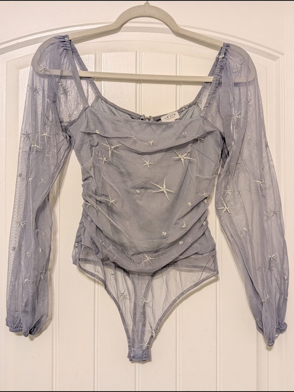 Le Lis Gray Silver Star Embroidered Mesh Sleeve Bodysuit